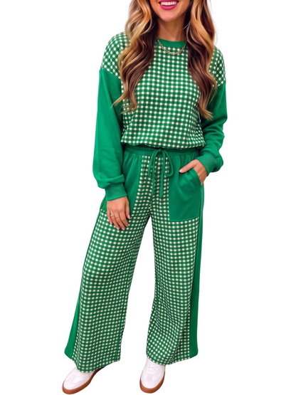 Christmas Plaid Color Block Two Piece Matching Set