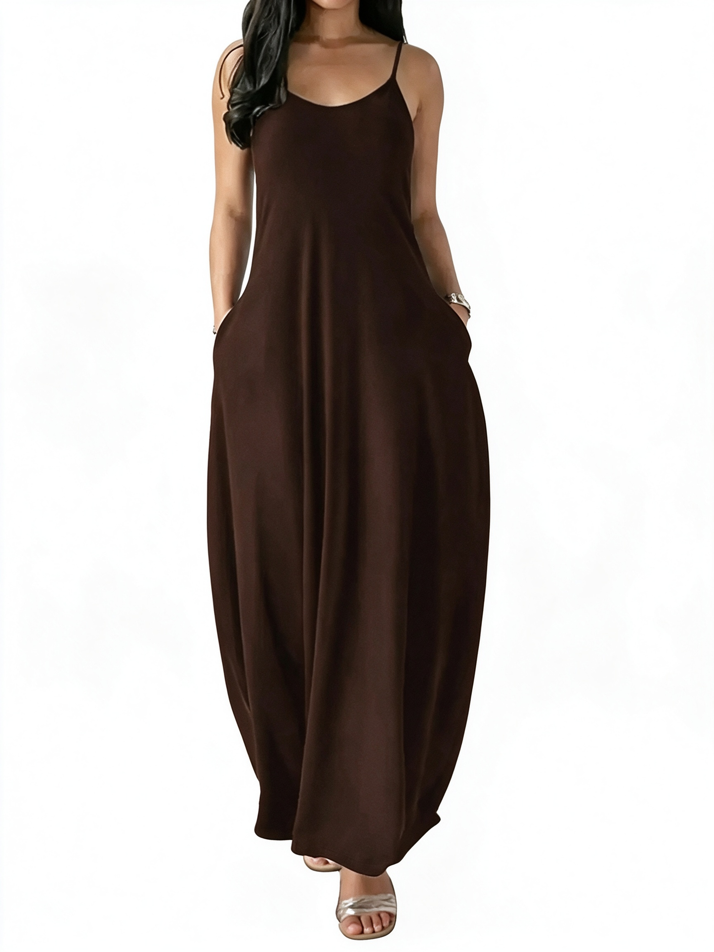 Flowy Pocket Spaghetti Strap Maxi Dress Casual Home & Outdoor Wear