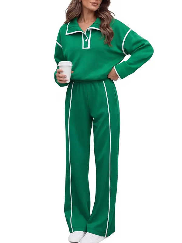 Contrast Piping Long Sleeve Wide Leg Pant Set