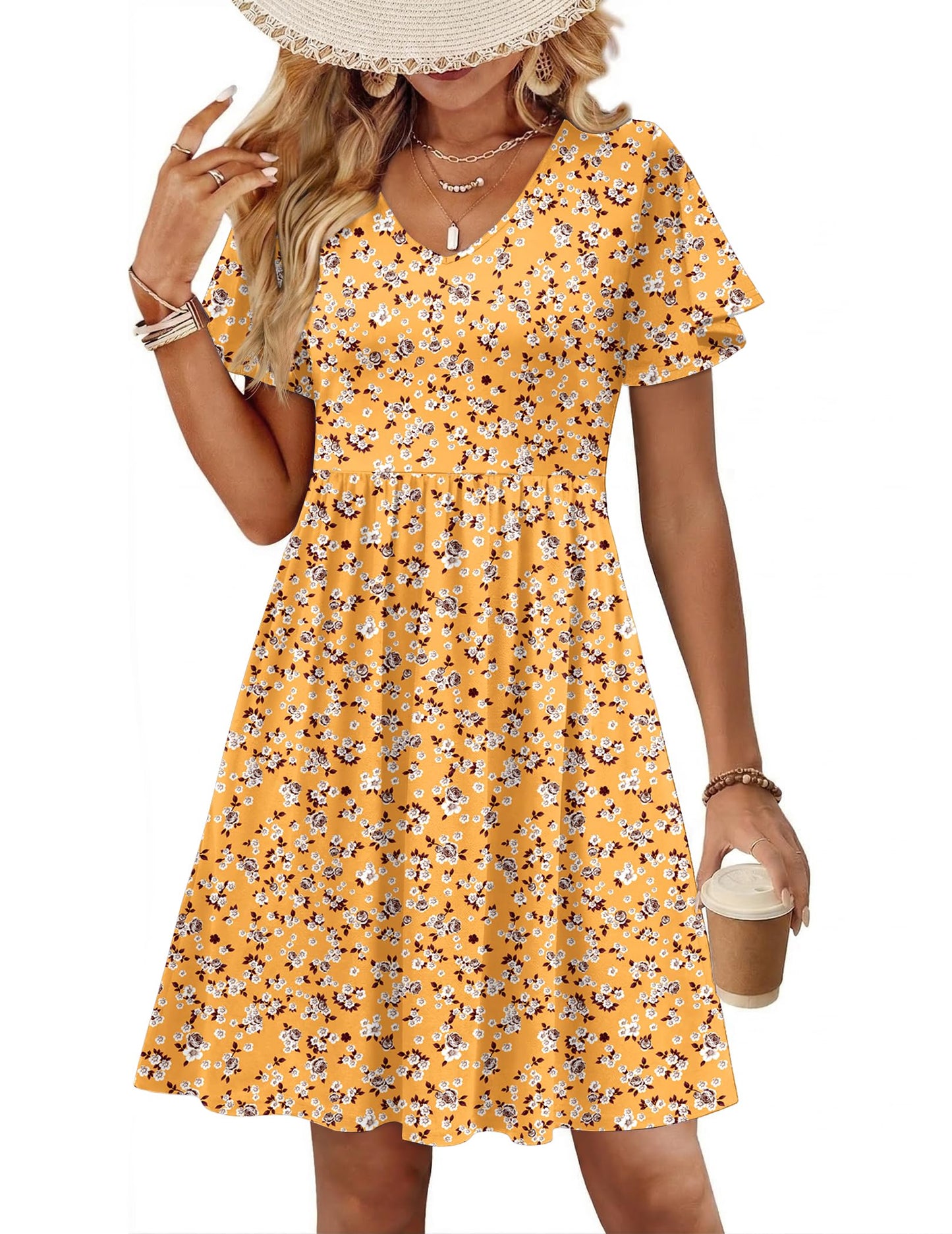 Floral V-Neck Ruffle Sleeve A Line Midi Dress With Pockets Summer Casual Sundress