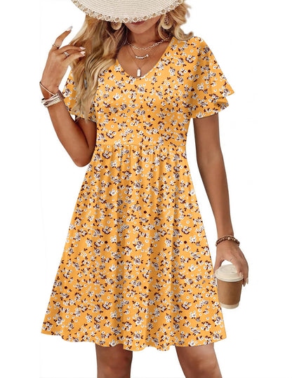 Floral V-Neck Ruffle Sleeve A Line Midi Dress With Pockets Summer Casual Sundress
