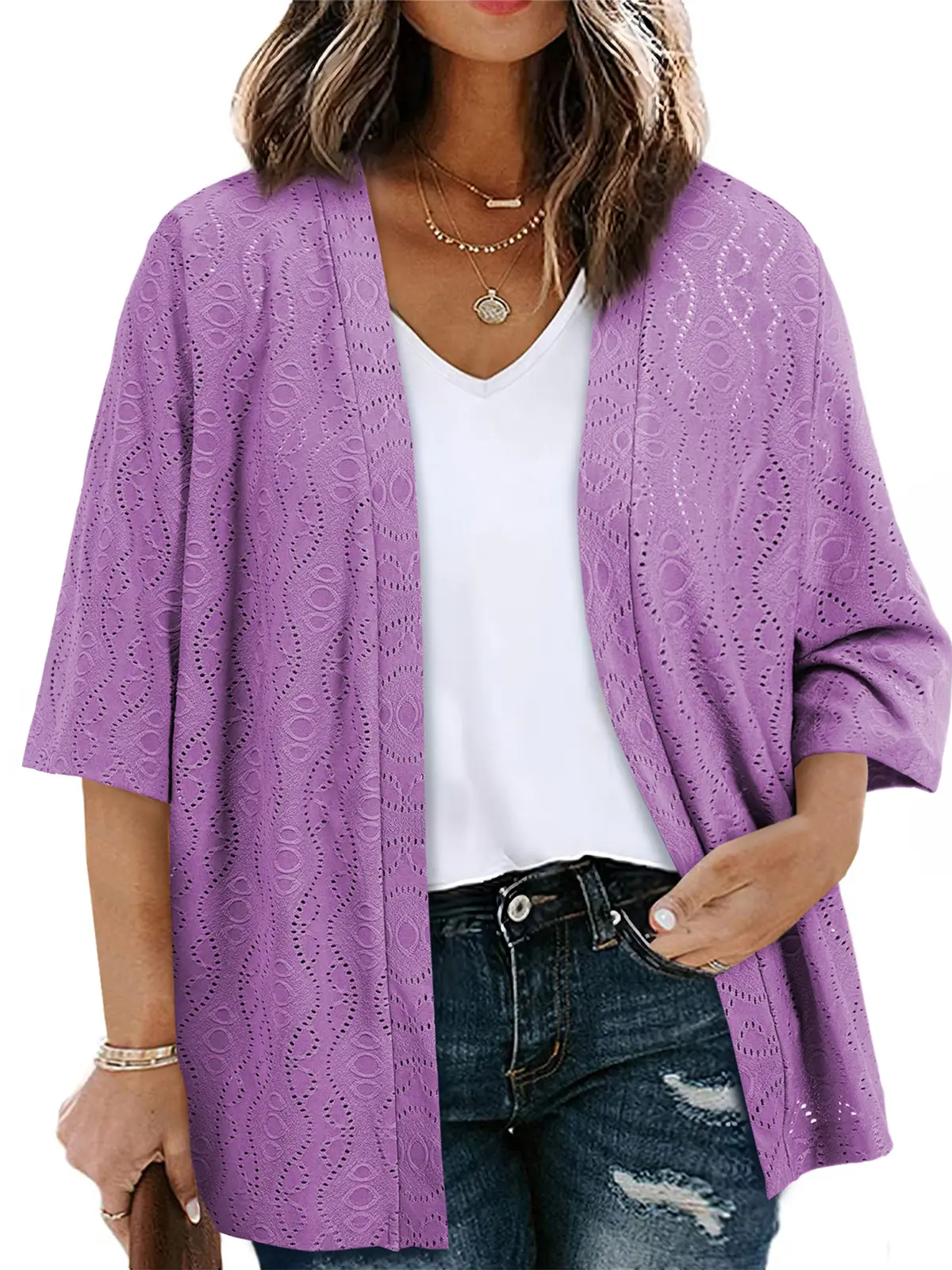 Women Jacquard Hollow Half Sleeve Open Front Cardigan Daily Layering Outer Tops