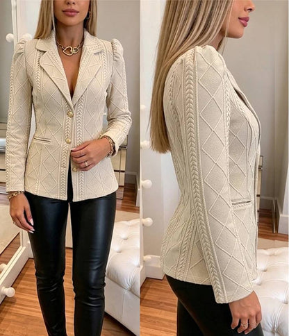 Women Lapel Collar Quilted Pattern Bodycon Blazer