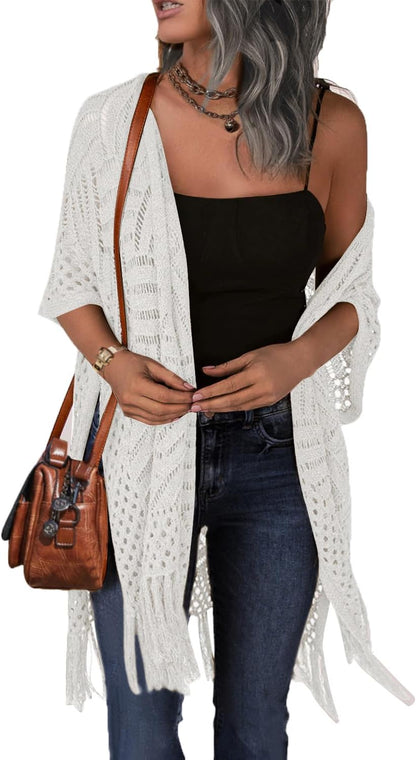 Hollow Crochet Tassel Fringe Open Front Cardigan Cover Up