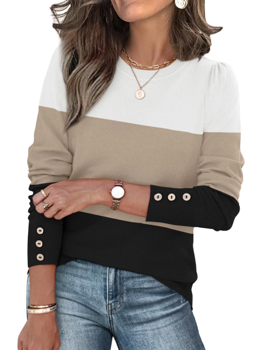 Chic Versatile Long‑Sleeve Pullover ✨ Elegant Button Cuff Detail For Dressy‑Casual Looks