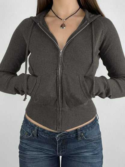 Women's Plain Pocket Drawstring Zip Up Hoodie