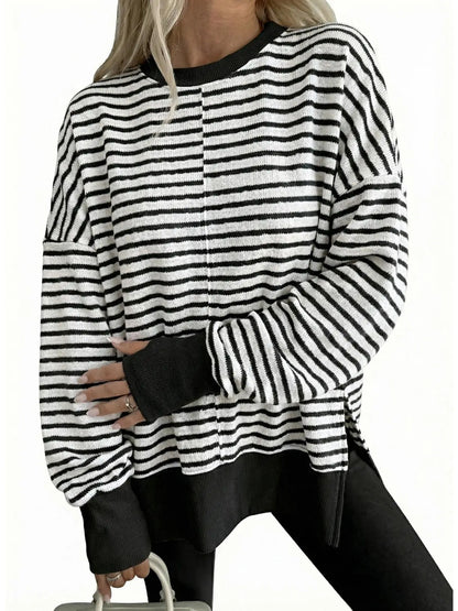 Women Crew Neck Striped Side Slit Loose Long Sleeve Pullover Sweatshirt