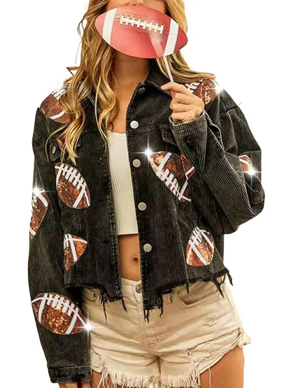 Game Day Styling Sequin Football Appliqué Cropped Jacket With Frayed Hem Lapel Coat