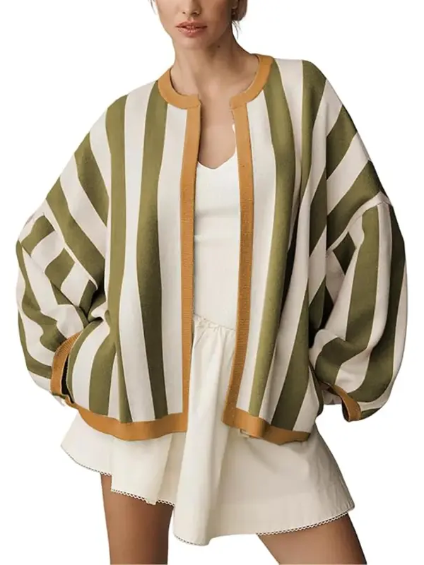 🎀Retro Stripe Open Front Balloon Sleeve Cardigan For Women