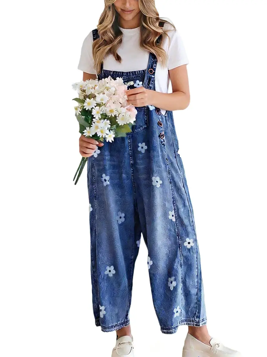 Vintage Floral Jacquard Bib Overalls With Adjustable Straps Wide Leg Denim Jumpsuit
