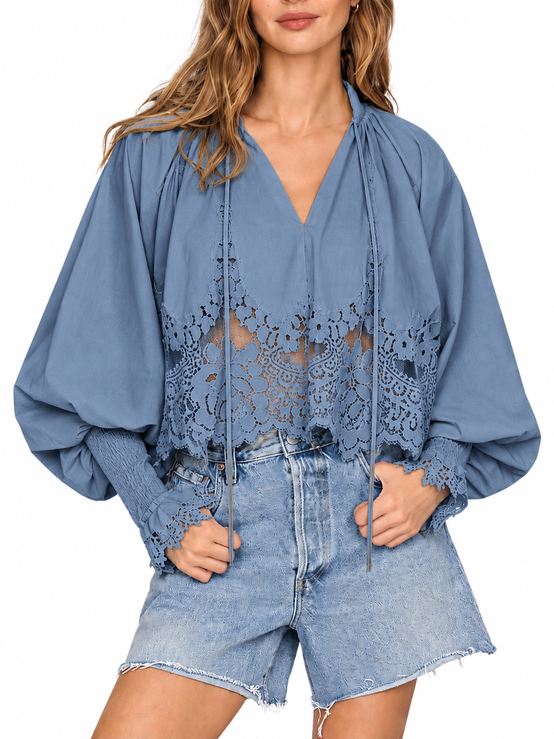 Lace Inset Puff Sleeve Tie V Neck Blouse For Women