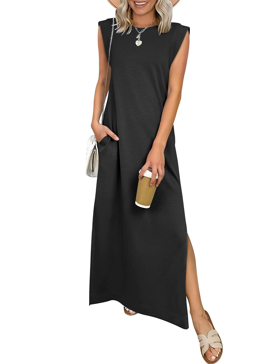 Women Wrinkle Free Sleeveless Pocket Split Loose Maxi Casual Daily Dress
