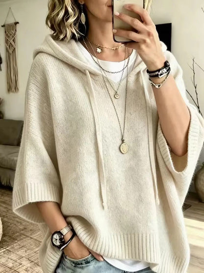 Women New Loose Batwing Short‑Sleeve Hooded Drawstring Knit Sweater