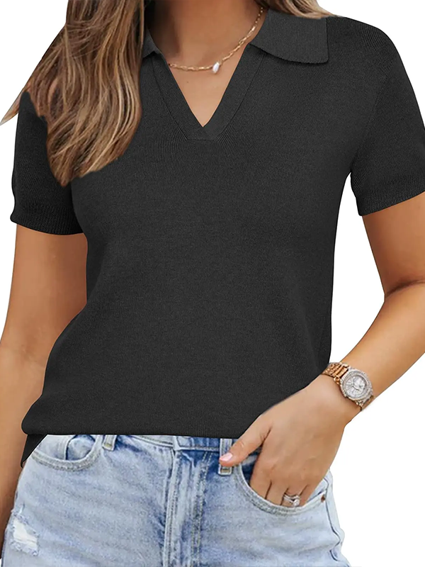 Slim Polo Collar Short Sleeve Knit Top