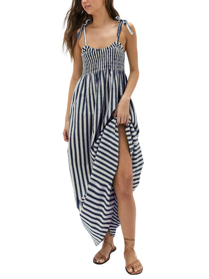 Women's Striped Smocked Flowy Maxi Dress with Pockets