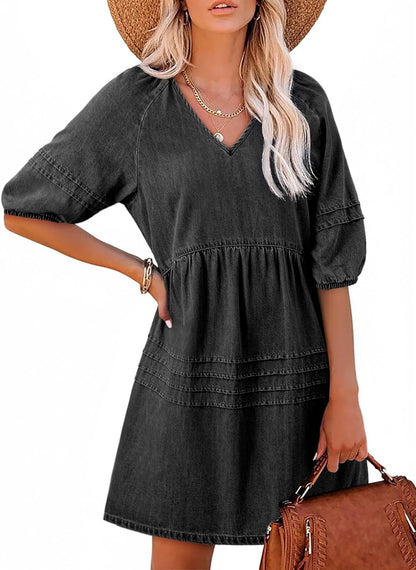 Women Casual V Neck Puff Short Sleeve Denim Dress(50% off!!!)