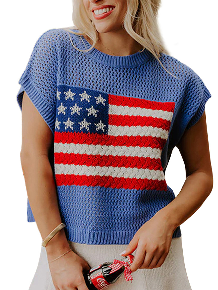 Women American Flag Relaxed Fit Short Sleeve Knit Top for 4th of July