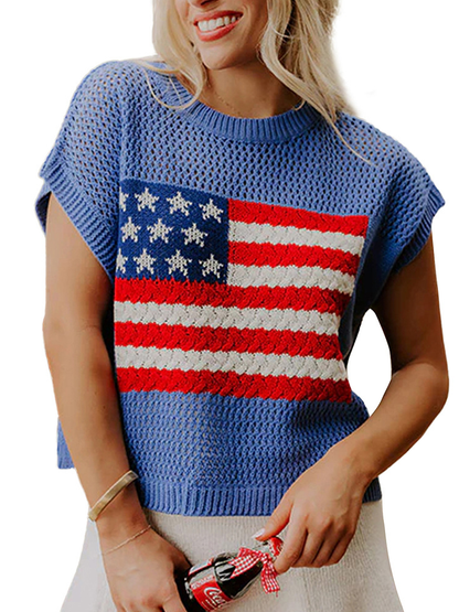 Women American Flag Relaxed Fit Short Sleeve Knit Top for 4th of July