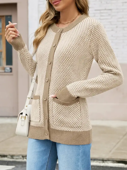 Womens Houndstooth Button Front Mid Long Cardigan With Pockets