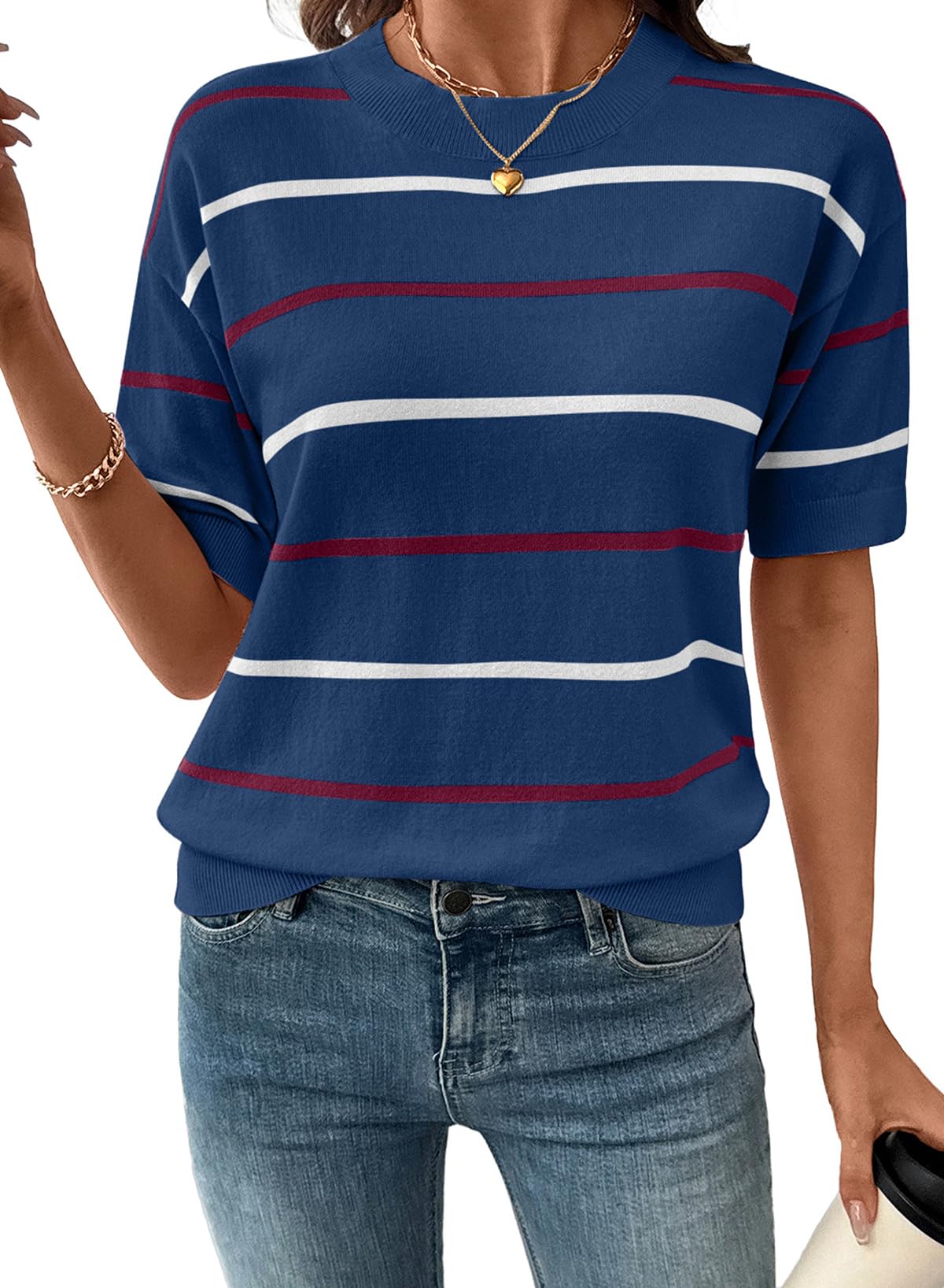 Womens Tops Crewneck Short Sleeve Sweater Pullover Knit Striped Shirt Spring Outfits for Women 2026