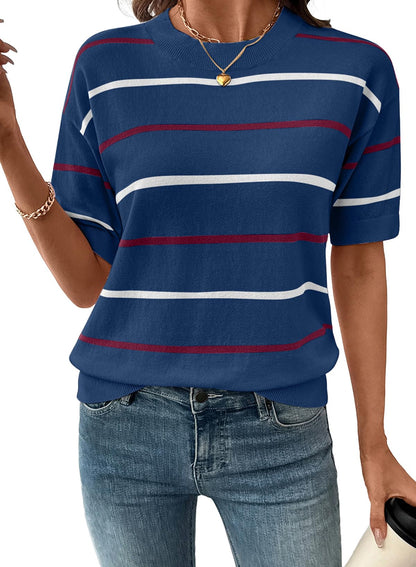 Womens Tops Crewneck Short Sleeve Sweater Pullover Knit Striped Shirt Spring Outfits for Women 2026