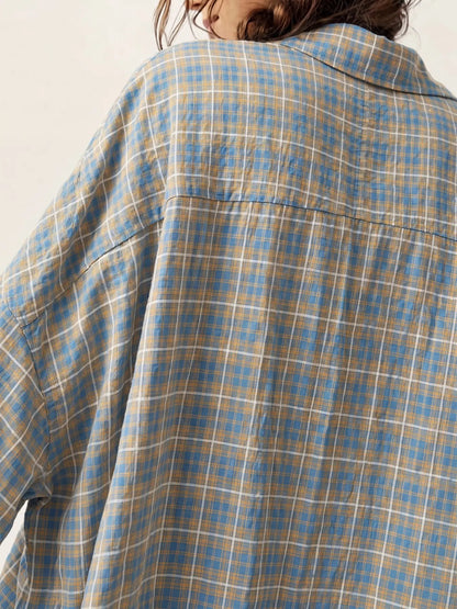 Women's Plaid Oversized Pouch Pocket Long Sleeve Shirt