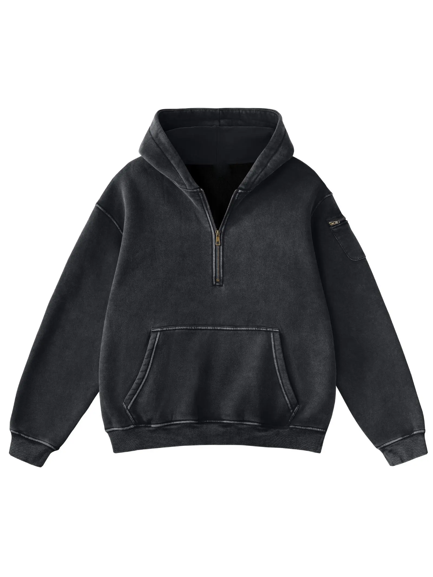 Half Zip Vintage Wash Oversized Hoodie With Dual Storage Pockets