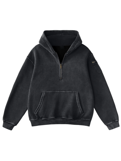 Half Zip Vintage Wash Oversized Hoodie With Dual Storage Pockets