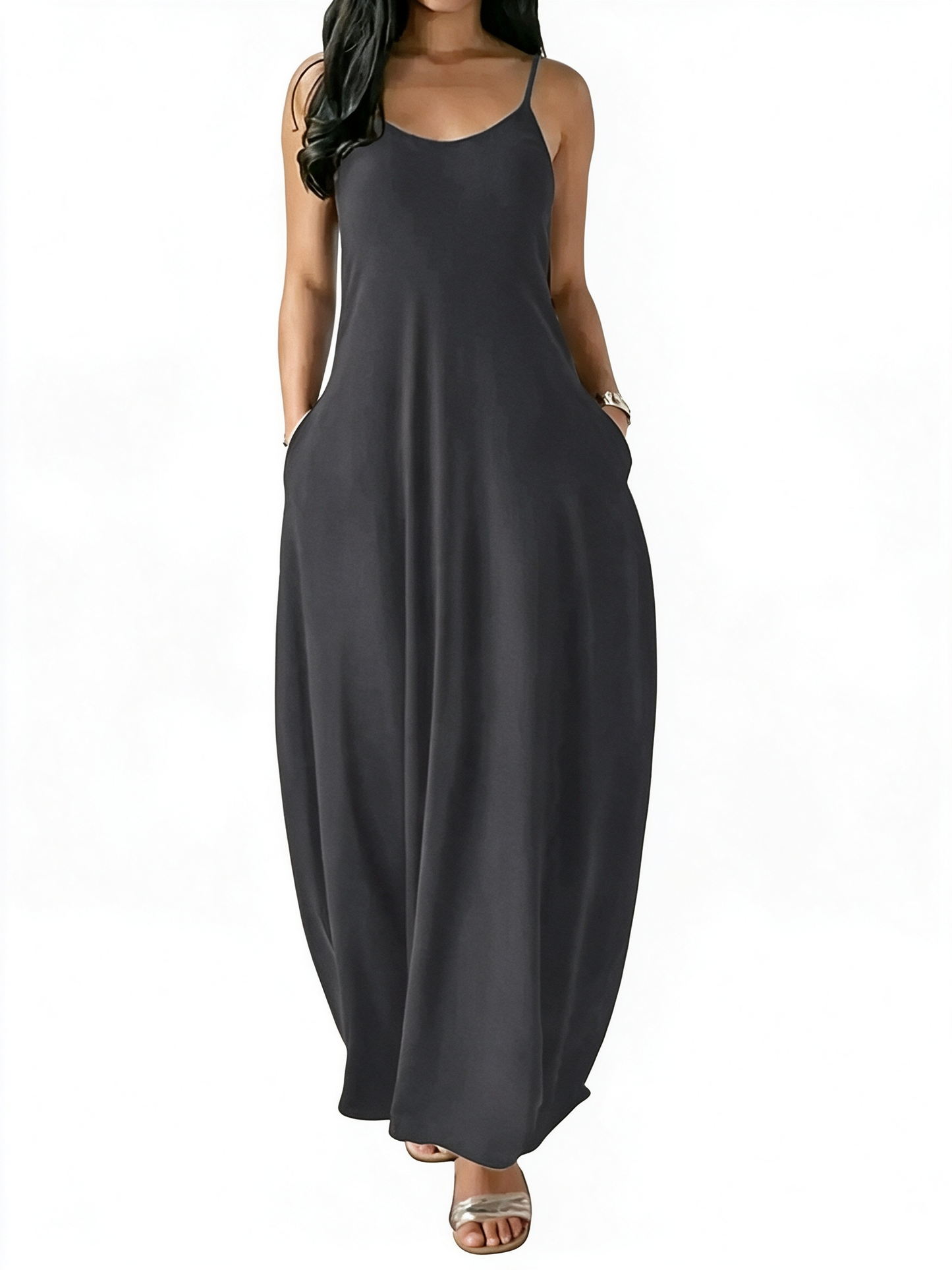 Flowy Pocket Spaghetti Strap Maxi Dress Casual Home & Outdoor Wear