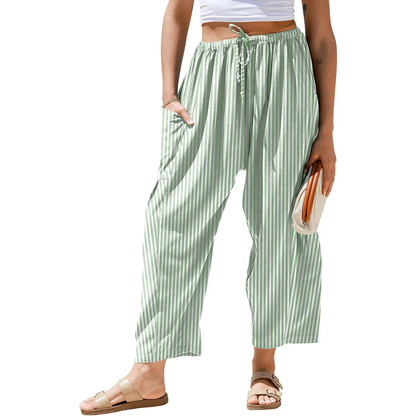 Drawstring Striped Wide Leg Pants With Side Pockets