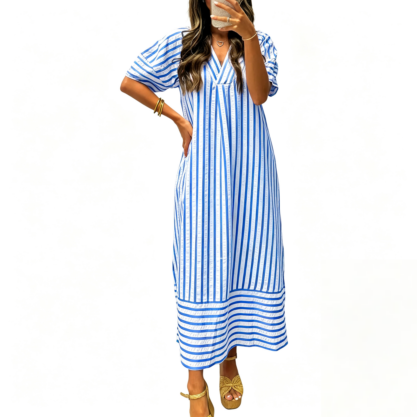 Women V Neck Puff Short Sleeve Striped High Waist Straight Midi Shift Dress