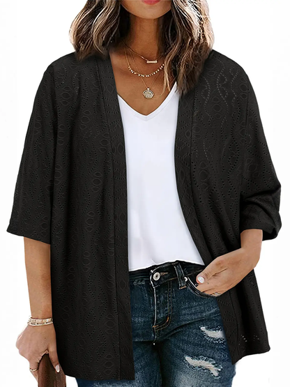 Women Jacquard Hollow Half Sleeve Open Front Cardigan Daily Layering Outer Tops