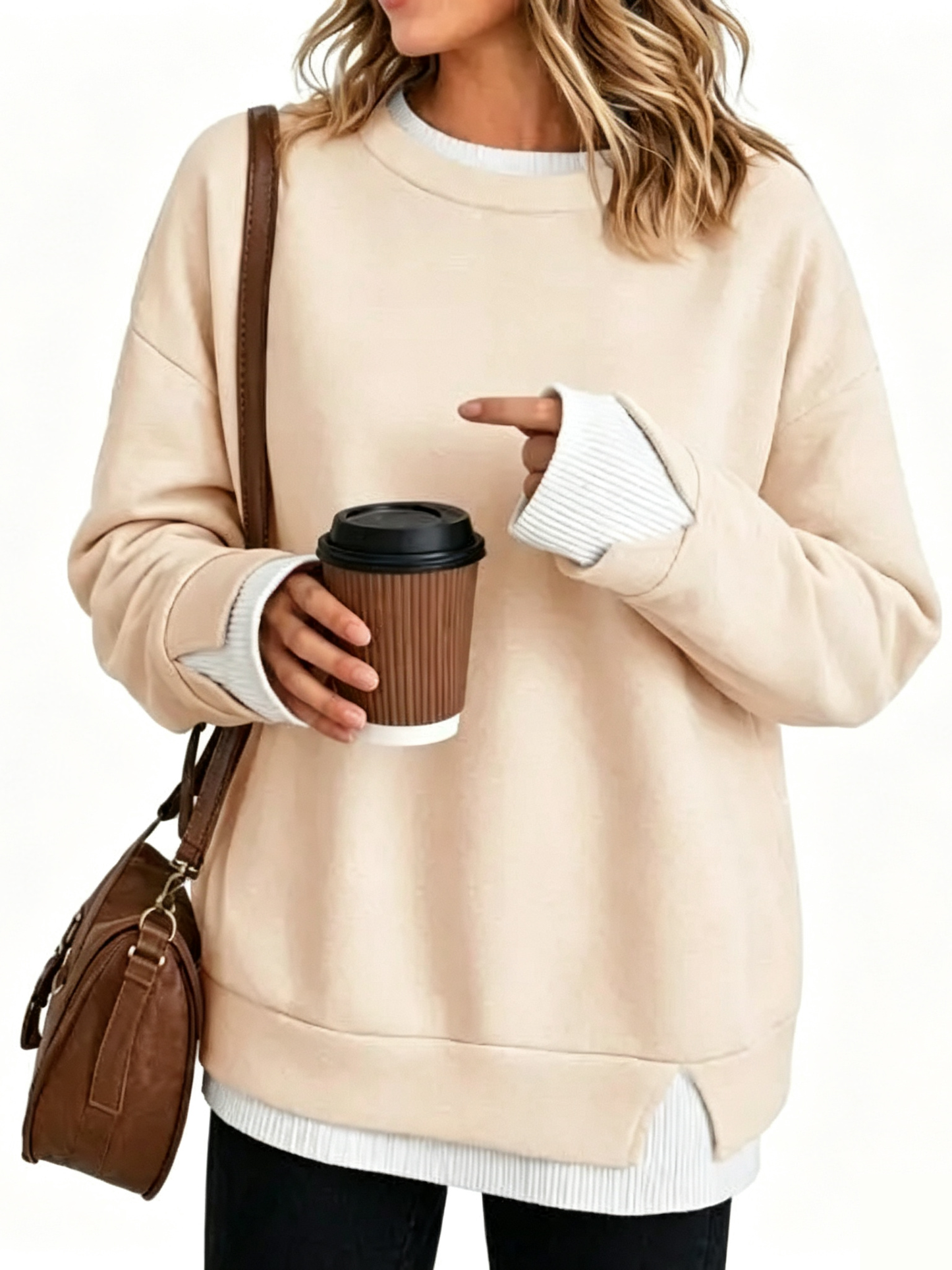 Fake Two Piece Ribbed Patchwork Oversized Crew Neck Long Sleeve Sweatshirt
