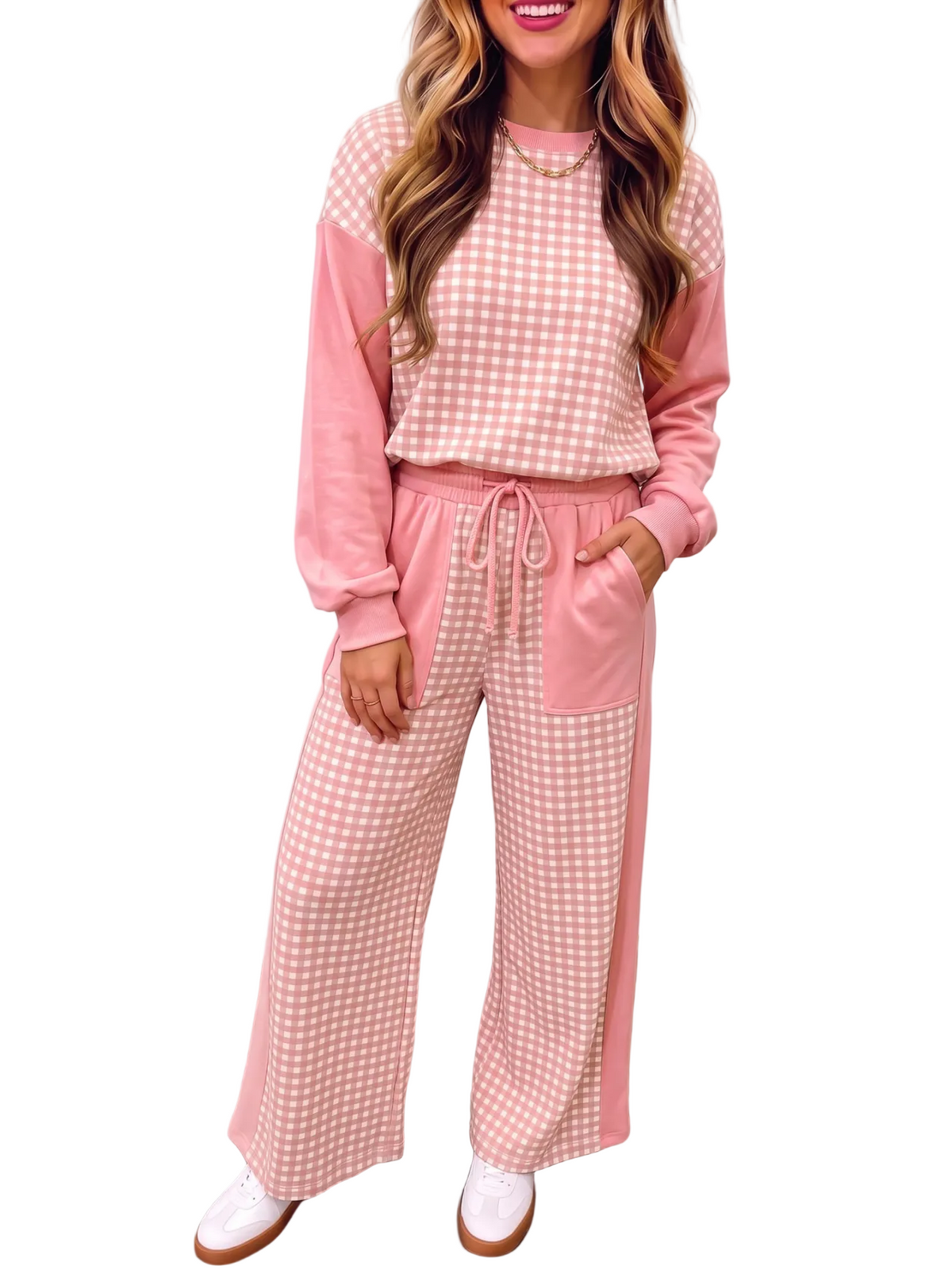 Christmas Plaid Color Block Two Piece Matching Set