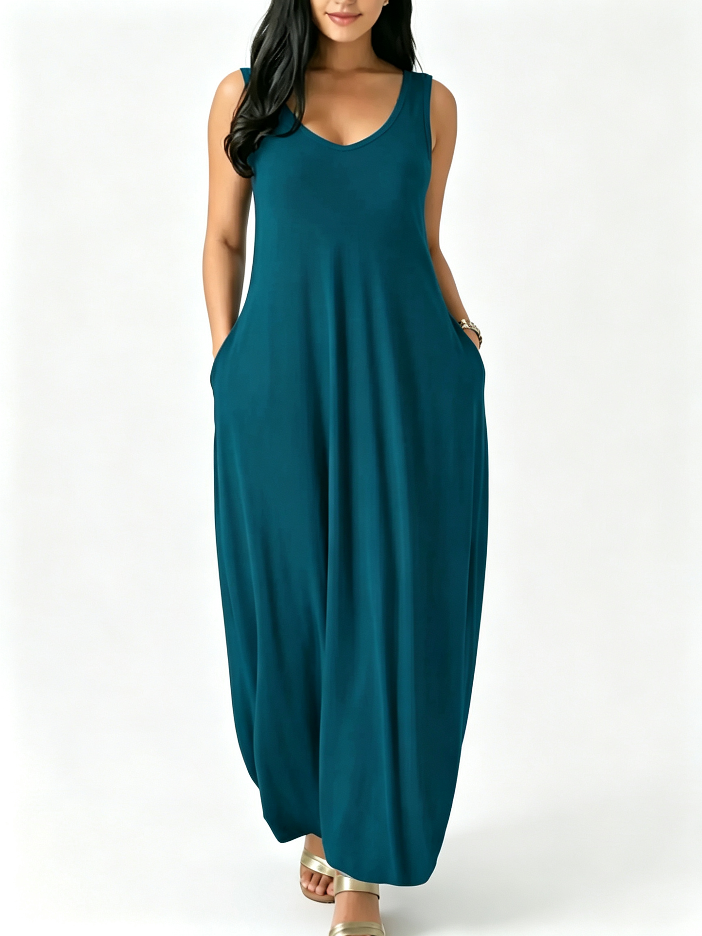 Women Sleeveless Backless Pocket Maxi Loose Casual Daily Long Dress