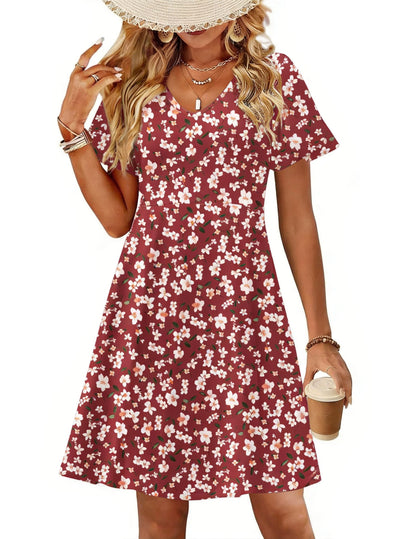 Floral V-Neck Ruffle Sleeve A Line Midi Dress With Pockets Summer Casual Sundress