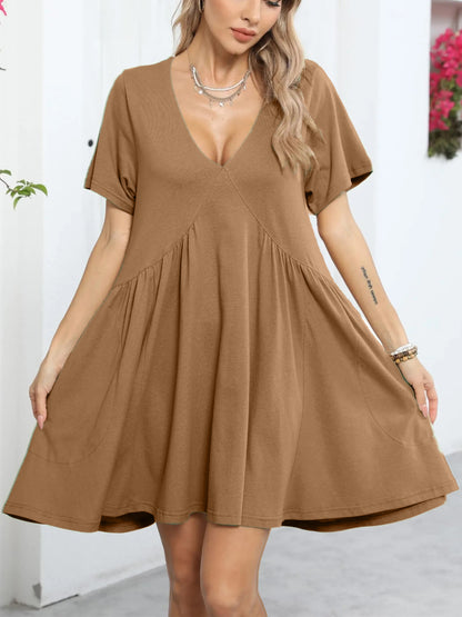 Womens Loose V Neck Short Sleeve Summer Mini Dress With Pockets