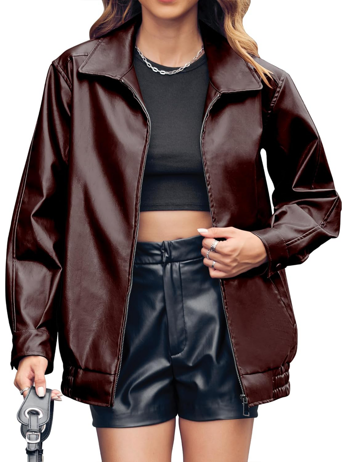 Structured Lapel Zip Moto Jacket With Side Pockets Moderately Roomy Medium Length Coat