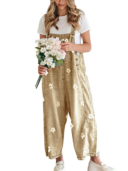 Vintage Floral Jacquard Bib Overalls With Adjustable Straps Wide Leg Denim Jumpsuit