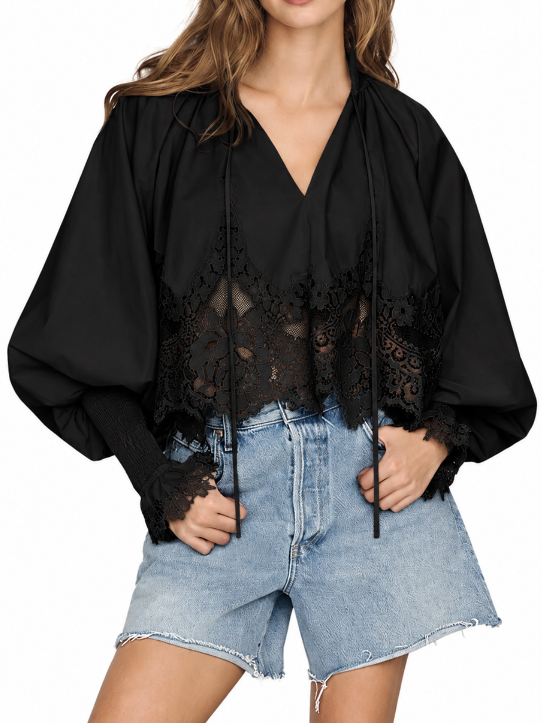 Lace Inset Puff Sleeve Tie V Neck Blouse For Women