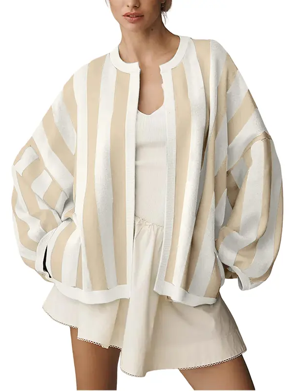 🎀Retro Stripe Open Front Balloon Sleeve Cardigan For Women