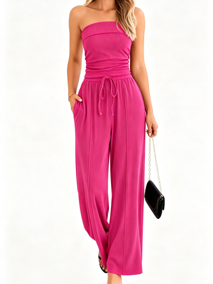 Women Anti-Slip Tube Top Wide Leg Pants 2 Piece Casual Matching Lounge Set