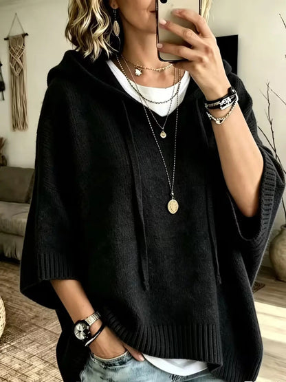 Women New Loose Batwing Short‑Sleeve Hooded Drawstring Knit Sweater