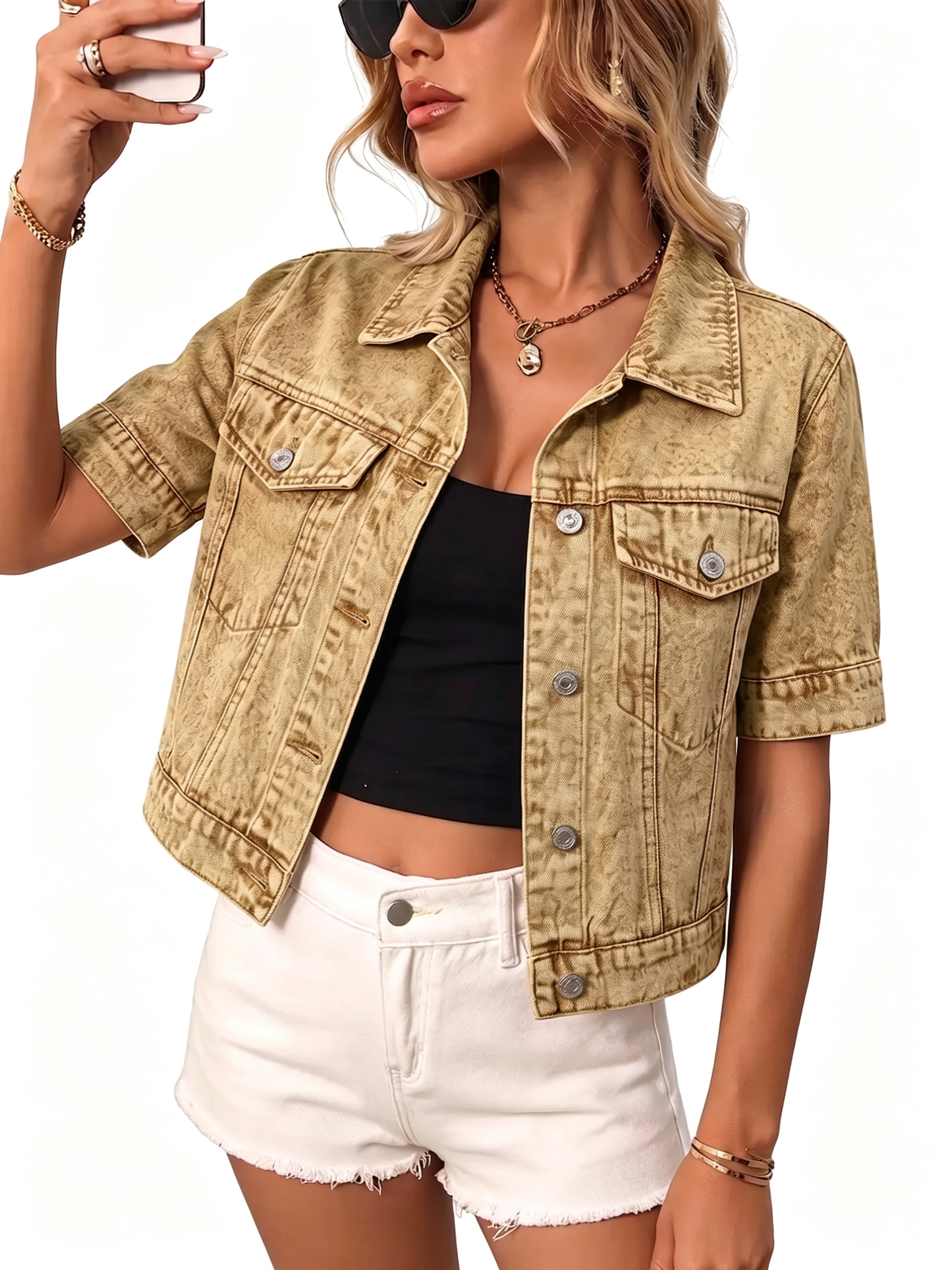 Short Sleeve Cropped Denim Jacket, Summer Fall Layering Coat
