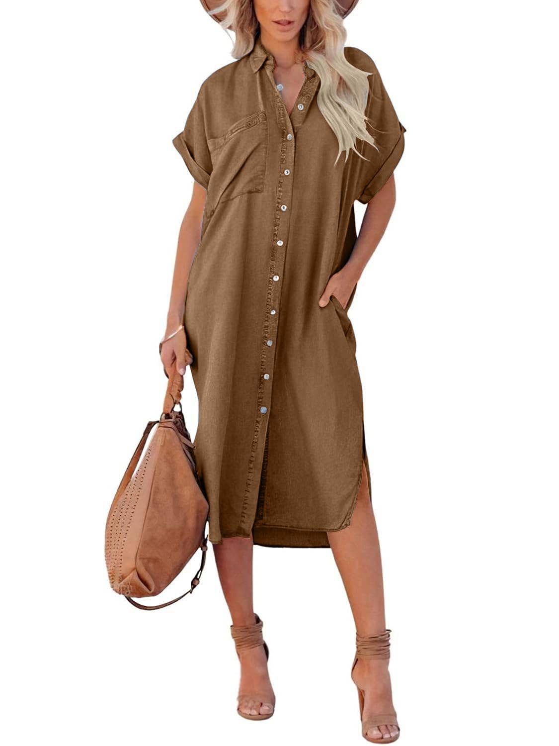 Women's Summer Loose Denim Shirt Dress with Pocket