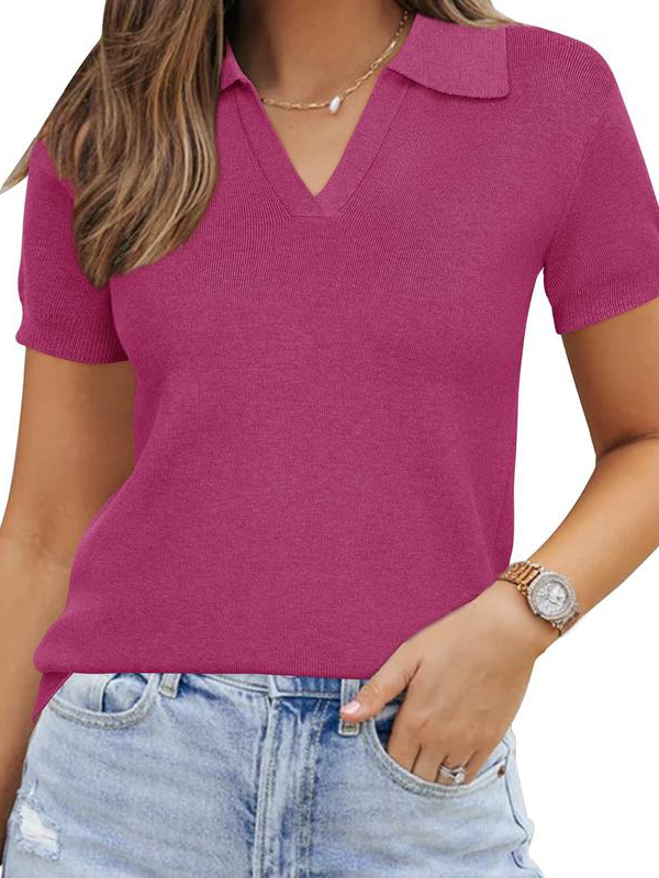 Slim Polo Collar Short Sleeve Knit Top