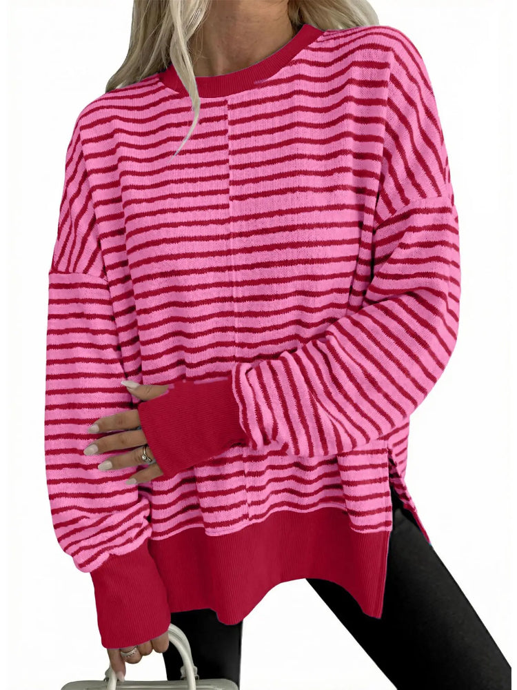 Women Crew Neck Striped Side Slit Loose Long Sleeve Pullover Sweatshirt