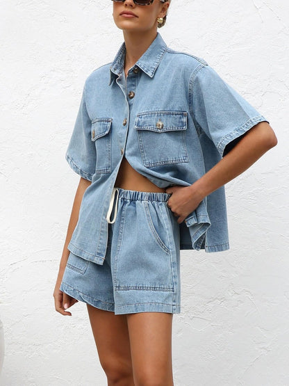 Women's wash denim shirt & shorts two-piece set