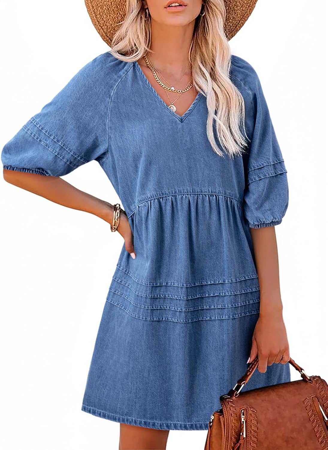 Women Casual V Neck Puff Short Sleeve Denim Dress(50% off!!!)