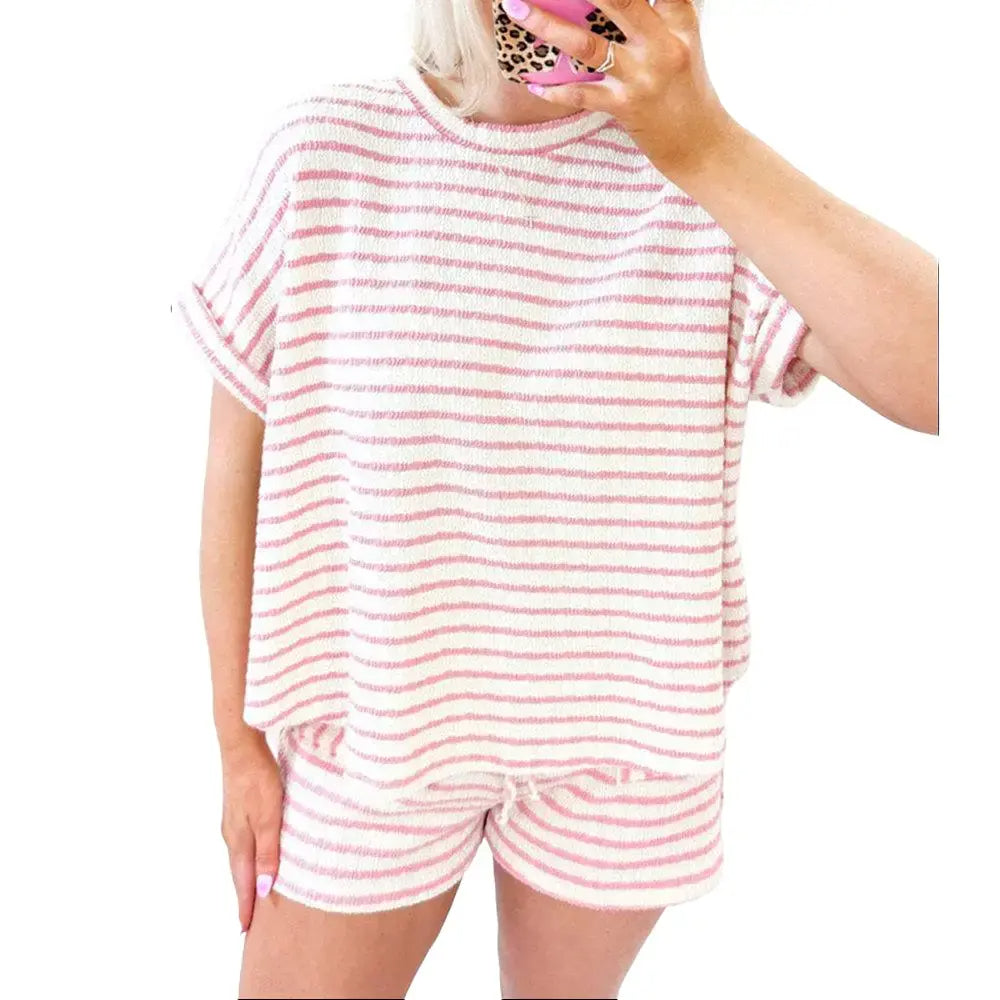 2 Piece Lounge Set Women Stripe Knit Short Sleeve Tee Shirts Shorts